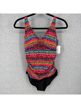 Croft Barrow V Neck Tummy Control Swimsuit Size 18 Confetti Black Shirred NEW